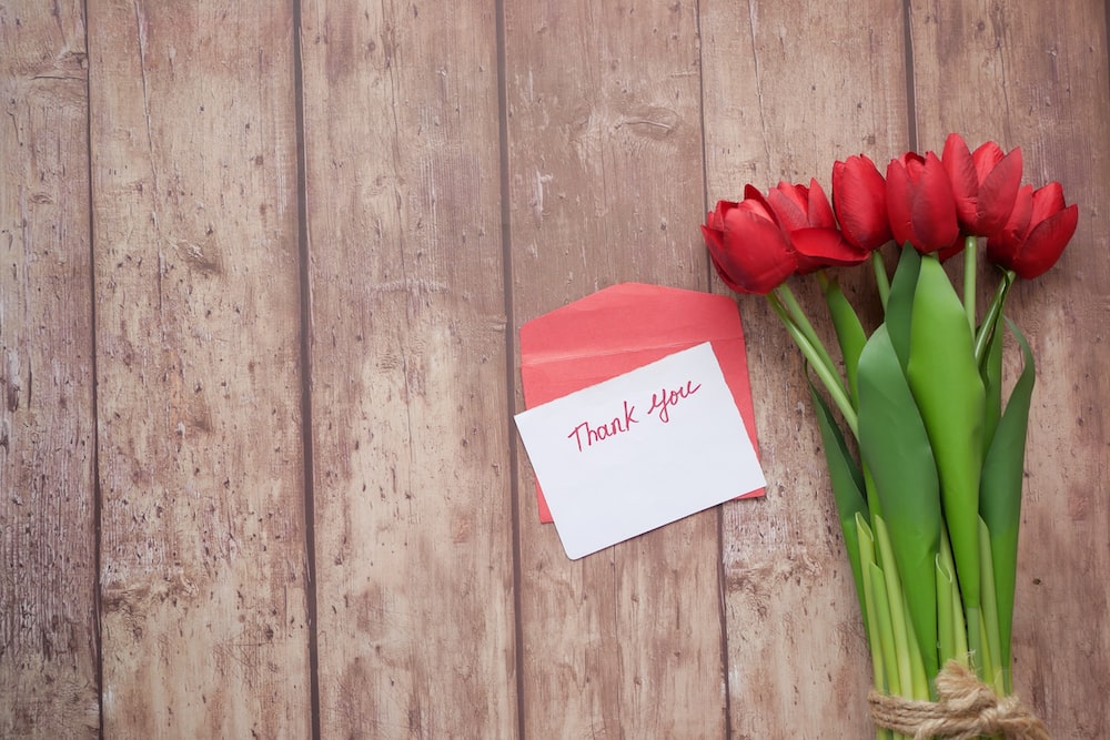 Red tulips next to thank you note
